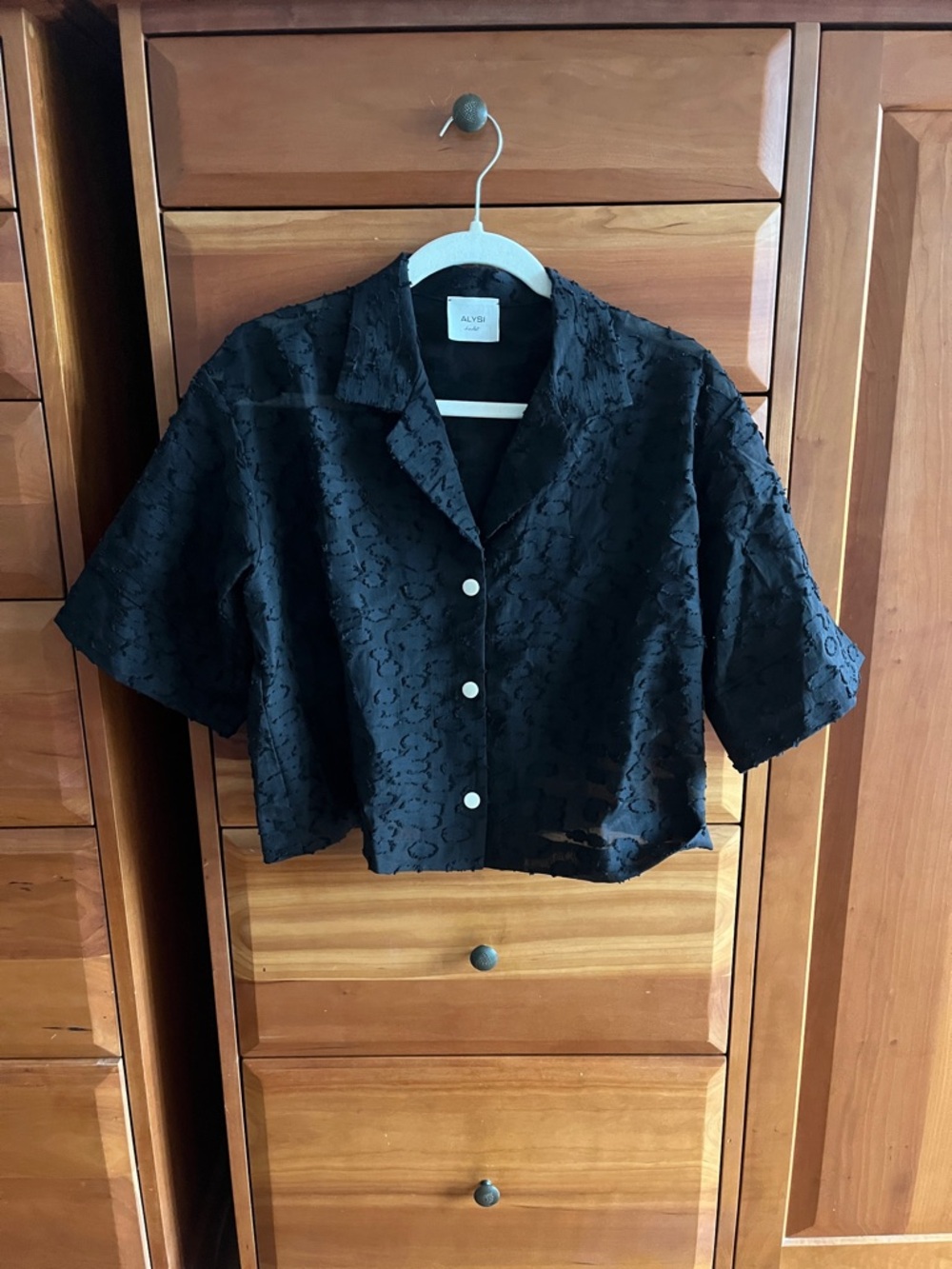 Alysi textured patterned blouse, black cotton blend, made in Italy, Us size 2